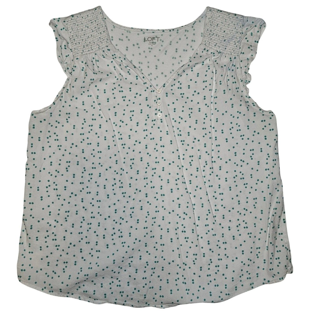 LOFT White Teal Dot Smocked Neck Cap Sleeve V-Neck Top Women's Medium cotton